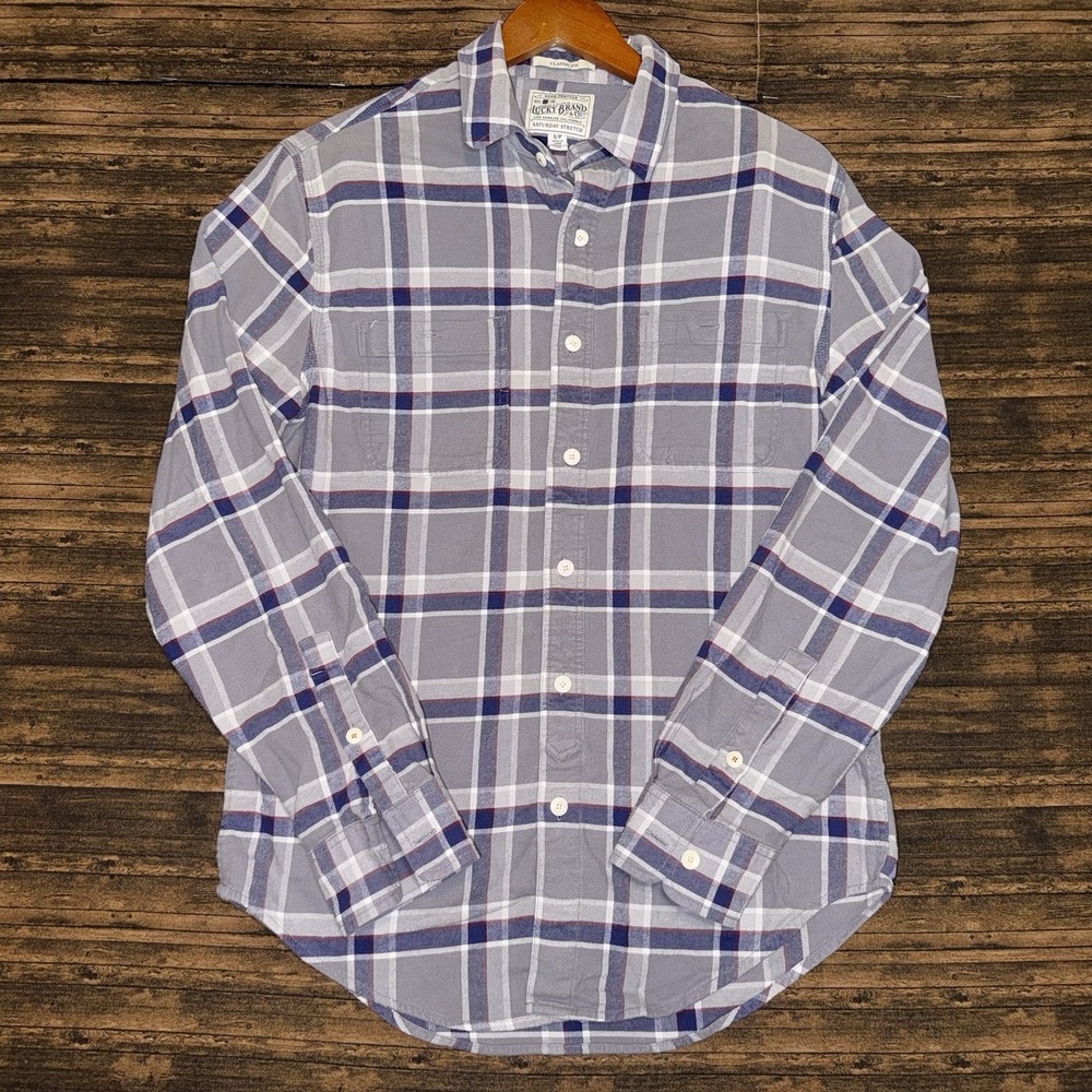 Lucky Brand Shirt Men's Small Blue Button Up Flannel Plaid Saturday Stretch